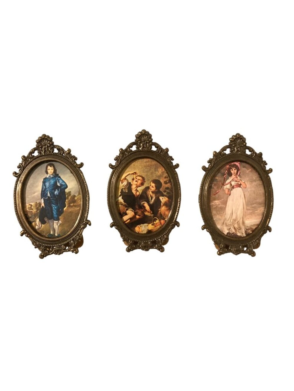 Lot of 3 Italian Metal Miniature Picture Frames With Blue Boy And Pinkie Prints